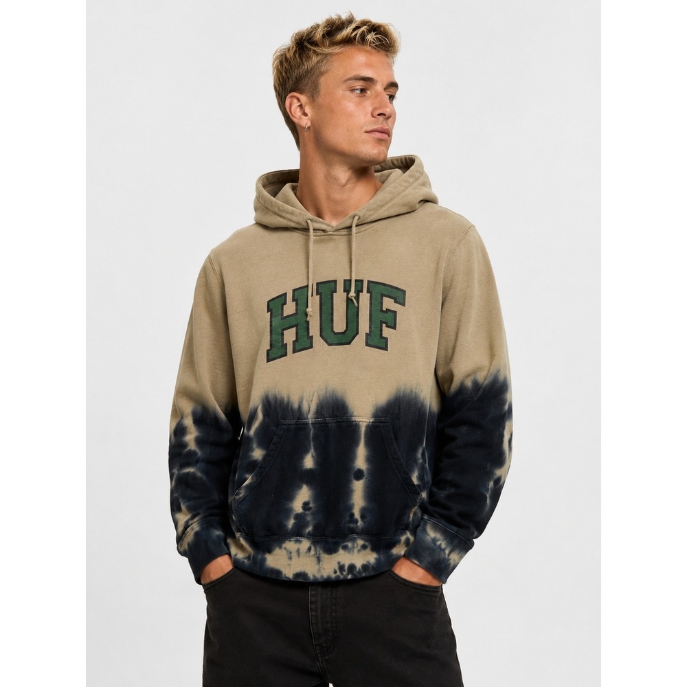HUF Tie Dye Logo Hoodie Tan Black Streetwear Pullover Sweatshirt Size L